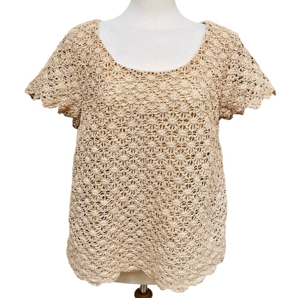 Flint & Moss Tops - Flint & Moss Beige Tan Crochet Bohemian Short Sleeve Top Women's Size XL